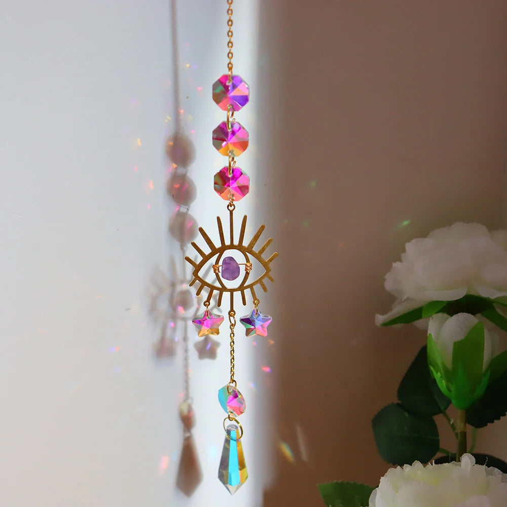 Crystal Moon Sun Catcher Wind Chimes Diamond Prisms Pendant Dream Catcher Rainbow Chaser Hanging Drop Home Garden Decor Gift