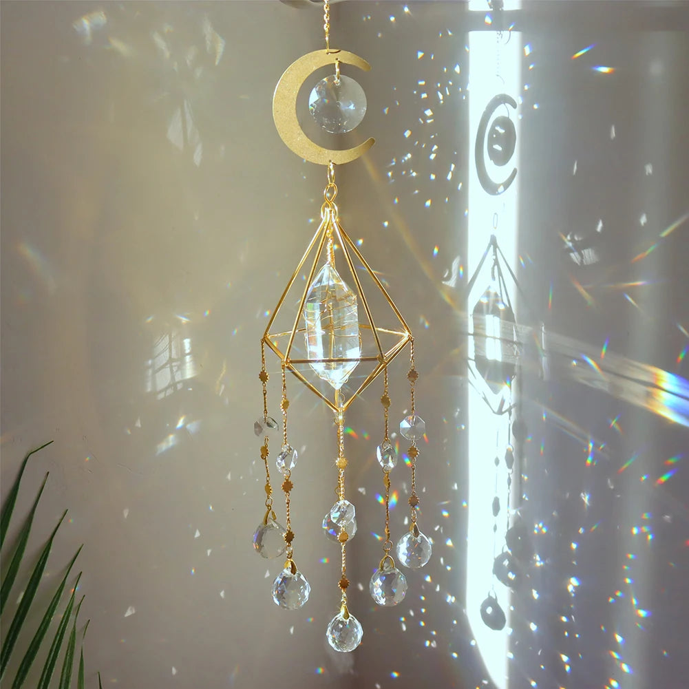 Crystal Wind Chime Moon Sun Catcher Windchimes Crystal Hanging Prism Rainbow Maker Sun Light Catcher Pendant Home Garden Decor