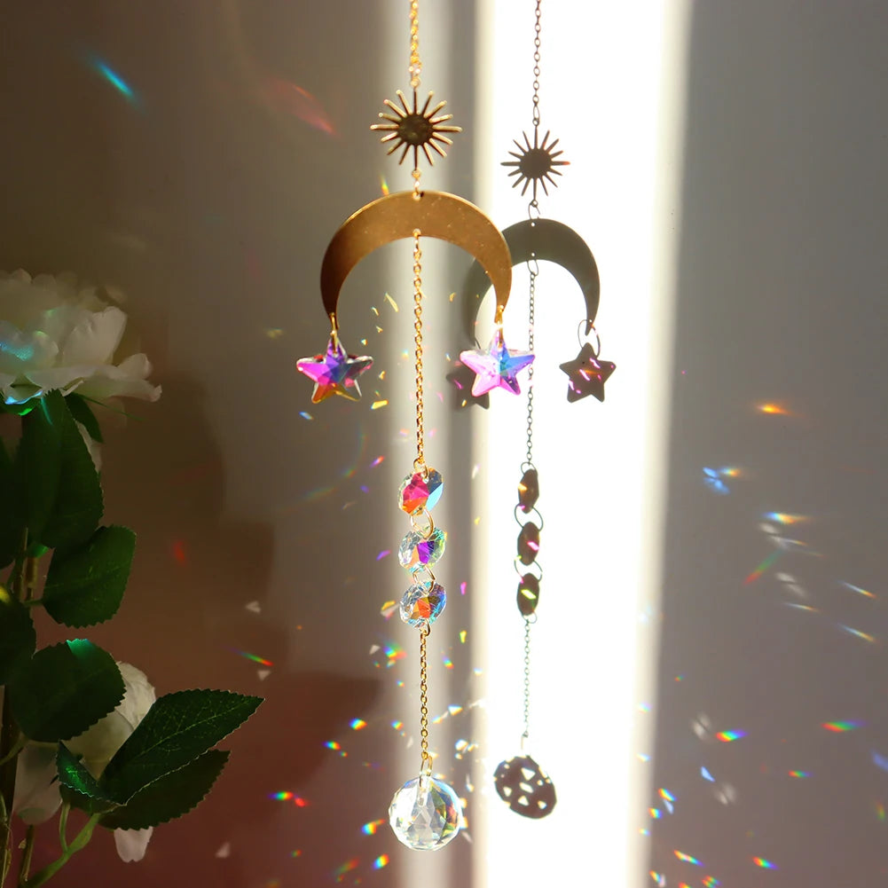 Crystal Moon Sun Catcher Wind Chimes Diamond Prisms Pendant Dream Catcher Rainbow Chaser Hanging Drop Home Garden Decor Gift