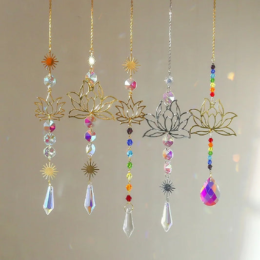 Crystal Lotus Hanging Wind Chimes Stained Glass Suncatcher Sun Catcher Room Pendant Decor Balcony Yard Aesthetic Landscape