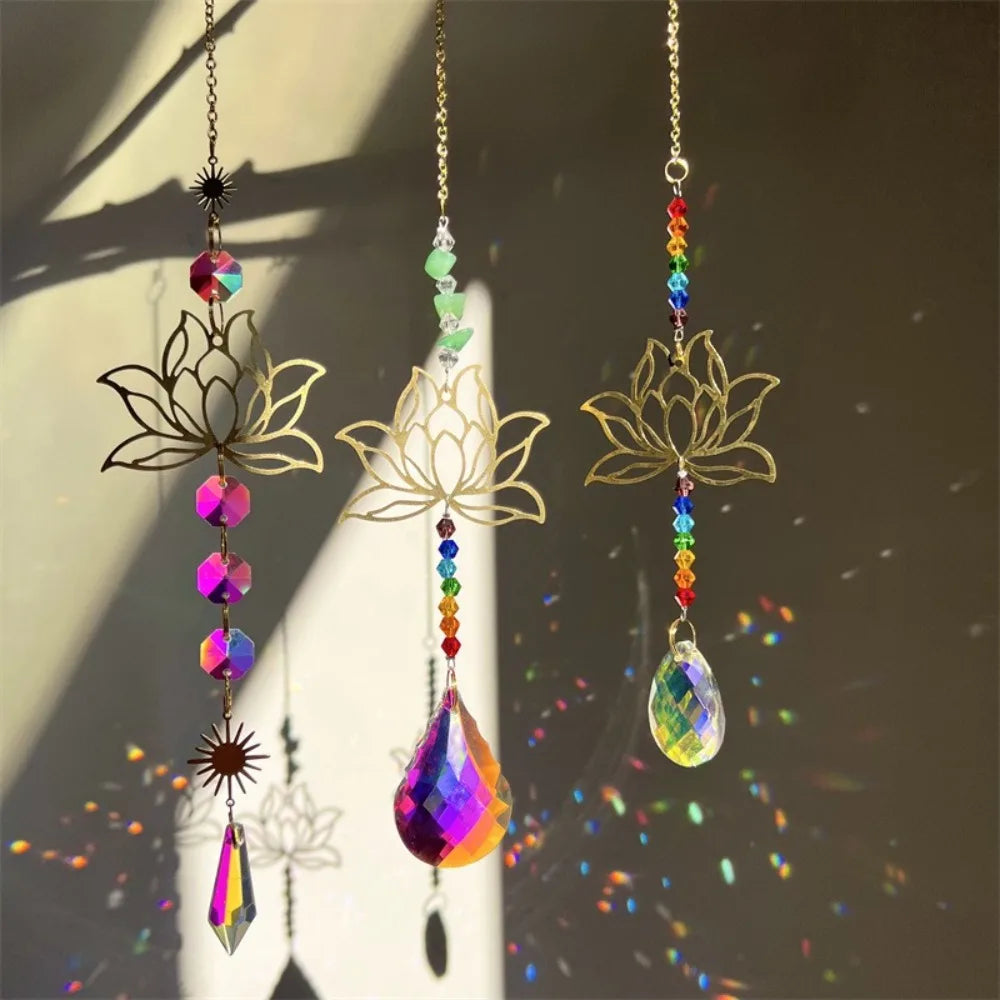 Crystal Lotus Hanging Wind Chimes Stained Glass Suncatcher Sun Catcher Room Pendant Decor Balcony Yard Aesthetic Landscape